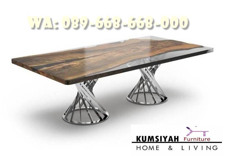 Jual Meja Makan Trembesi Kaki Stainless Bentuk Modern