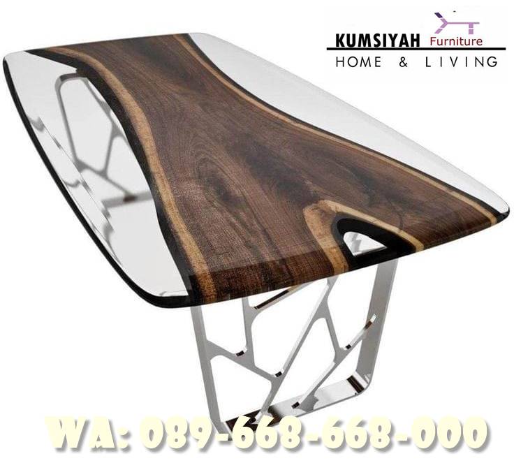 Jual Meja Makan Trembesi Kaki Stainless Bentuk Modern