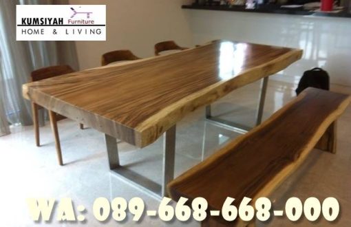 Jual Meja Makan Trembesi Kaki Stainless Bentuk Modern