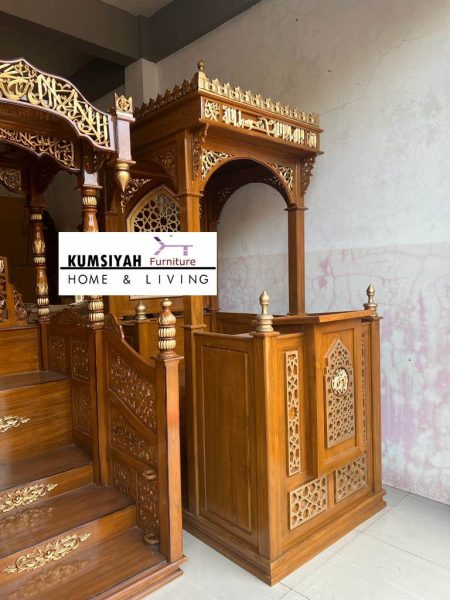 Mimbar Masjid Kubah Kayu Jati Ukiran Relief Mewah