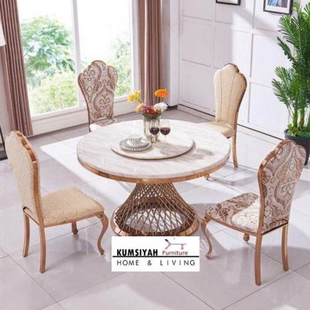 Set Meja Makan Marmer Bundar Stainless Gold Glossy Model Ruji