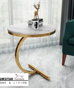 Meja Sudut Marmer Bulat Stainless Gold Glossy Lengkung