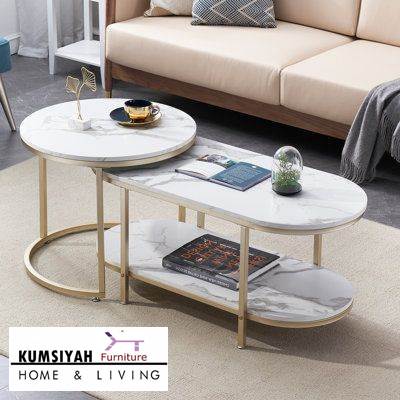 Meja Tamu Marmer Kombinasi Bentuk Oval & Bulat Kaki Stainless