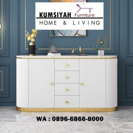 buffet credenza desain putih kaki stainless gold top marmer putih