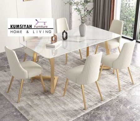 Meja Makan Marmer Mewah Warna Putih Corak Simple Stainless Gold