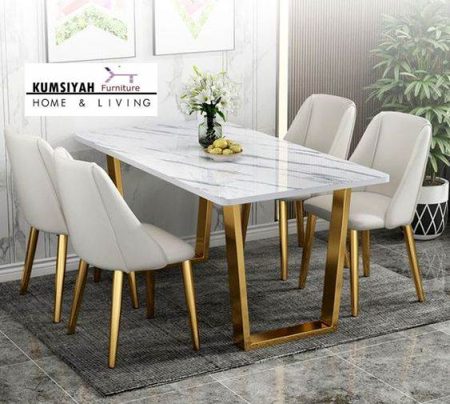 Set Meja Makan Marmer Kaki Penyangga Stainless Gold U Shape 4 Kursi