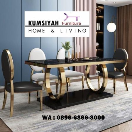 kaki meja makan stainless 2024 persegi panjang desain kaki bulat top marmer