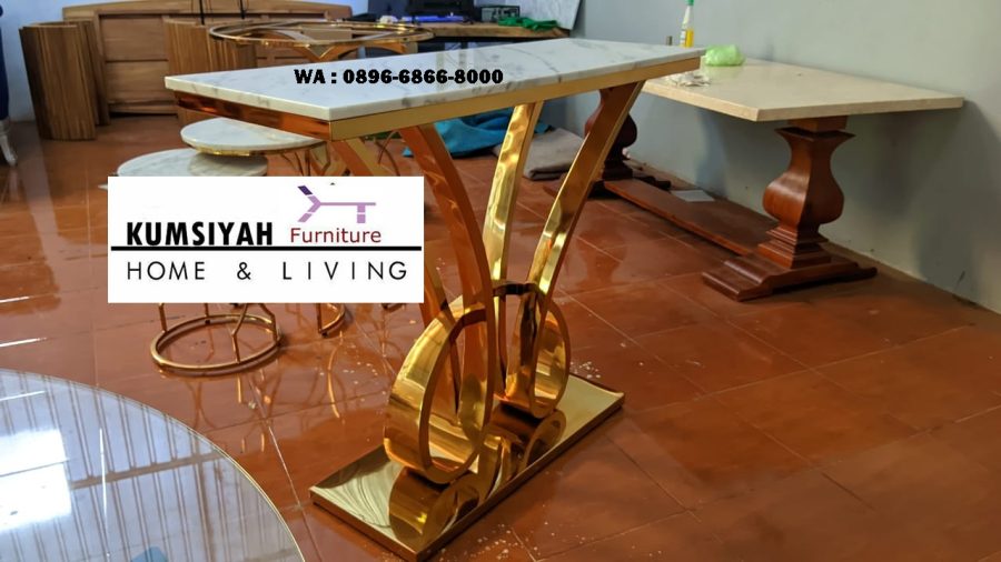 meja konsul stainless glossy bentuk H ulir unik desain elegan