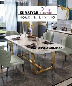 meja makan marmer carrara putih stainless plat tengah simple