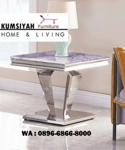 meja sudut stainless silver diamond top marmer persegi