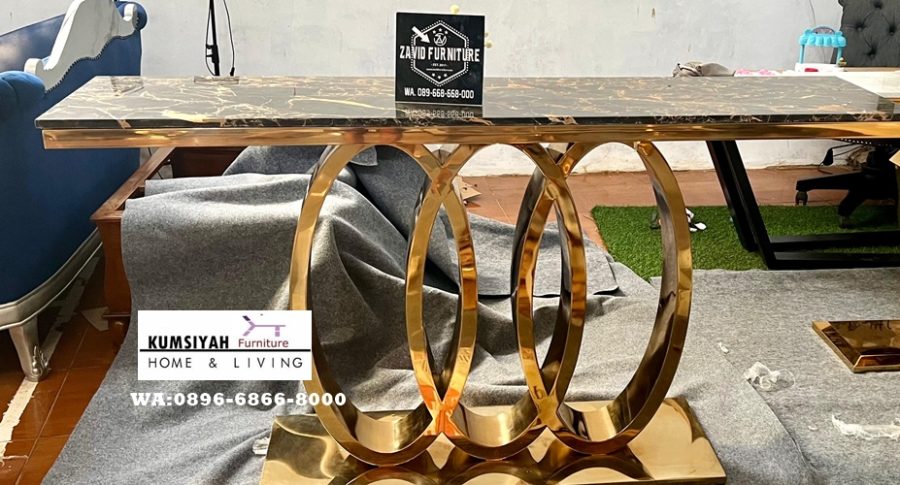 Meja  Konsul Kaki Stainless Tiga Cincin Gold Mewah