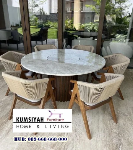 Meja Marmer Bulat Besar Kaki Kayu