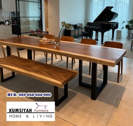 Meja Trembesi Solid Panjang Kaki Besi