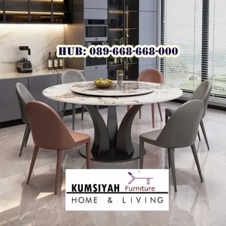 Meja Makan Marmer Bulat 6 Kursi