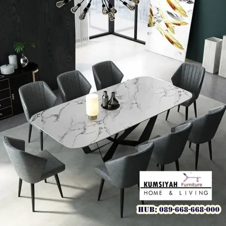 Meja Makan Marmer Industrial Kaki Besi Modern