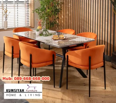 Meja Makan Marmer Kaki Besi 6 Kursi