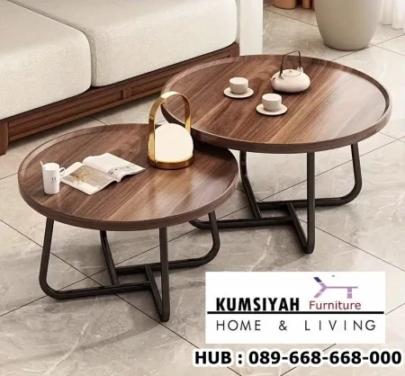 Coffe Table Kayu Bundar Bertingkat Kaki Besi