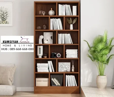 Rak Buku Grid Kayu Modern Minimais Vertikal