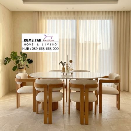 Set Meja Makan Oval Marmer Kayu Jati Solid dan Kursi Sandaran Curved